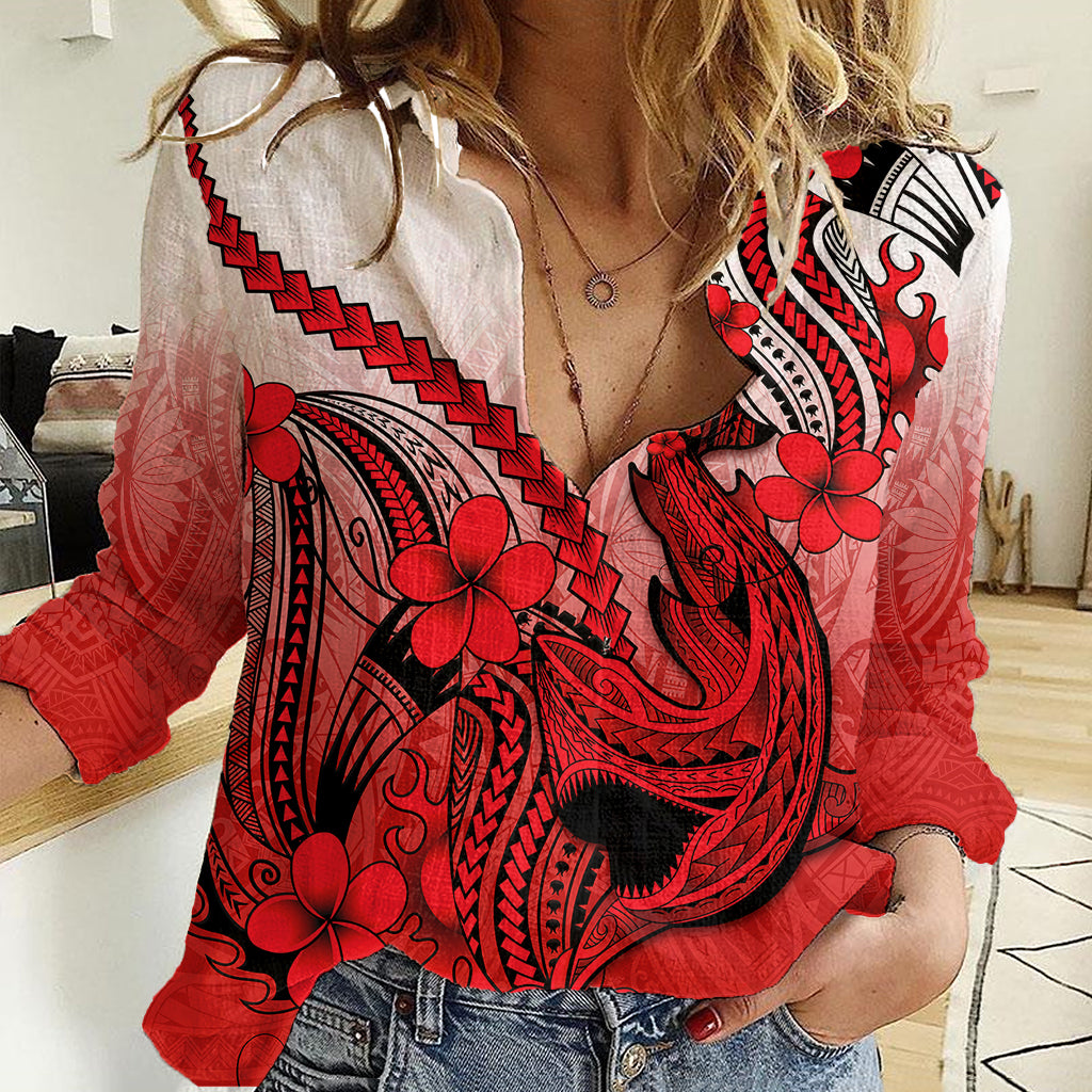 Hawaii Women Casual Shirt Polynesian Shark Tattoo With Plumeria Red Gradient - Wonder Print Shop