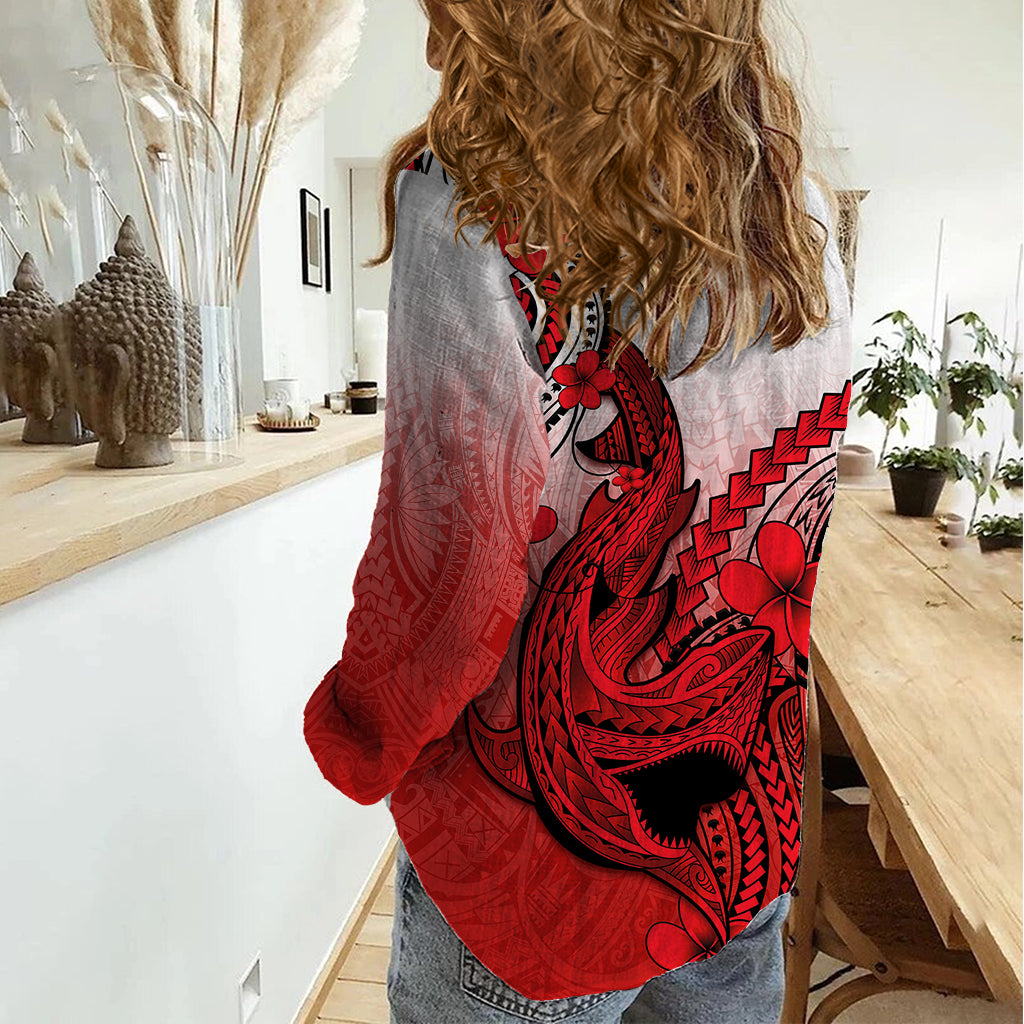 Hawaii Women Casual Shirt Polynesian Shark Tattoo With Plumeria Red Gradient - Wonder Print Shop