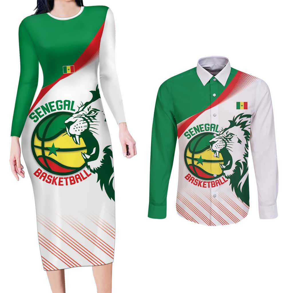 Senegal Basketball Custom Couples Matching Long Sleeve Bodycon Dress and Long Sleeve Button Shirt Come On Lions - Wonder Print Shop