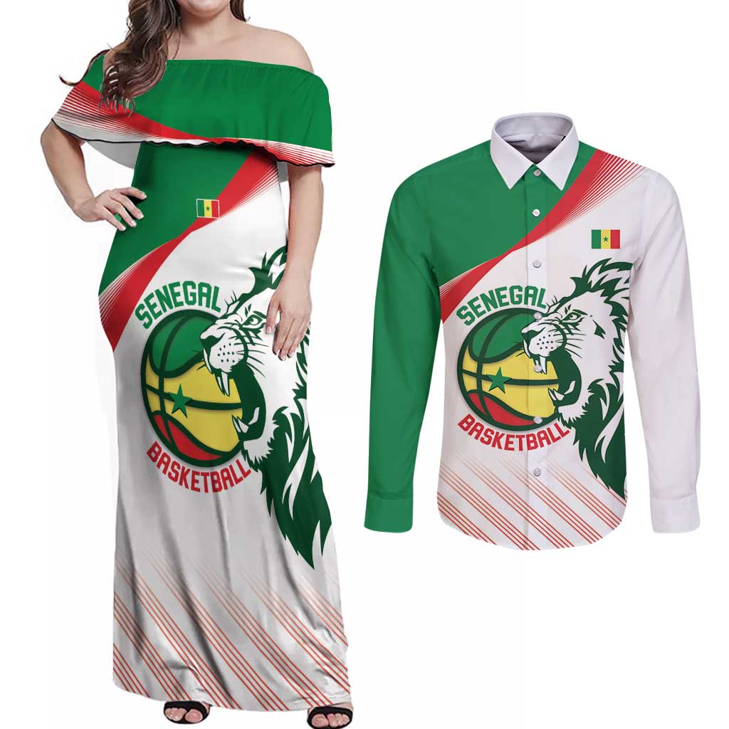 Senegal Basketball Custom Couples Matching Off Shoulder Maxi Dress and Long Sleeve Button Shirt Come On Lions - Wonder Print Shop