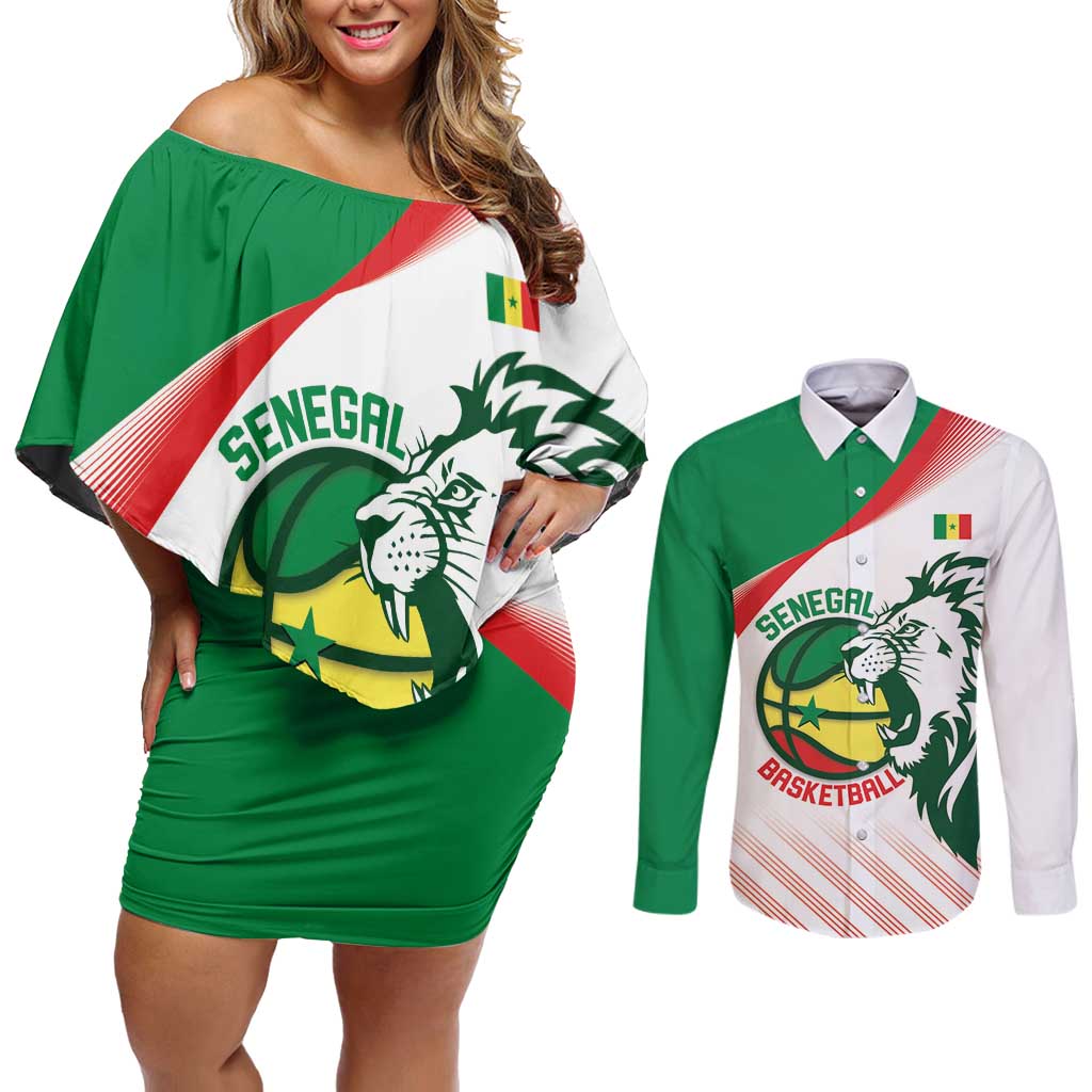 Senegal Basketball Custom Couples Matching Off Shoulder Short Dress and Long Sleeve Button Shirt Come On Lions - Wonder Print Shop
