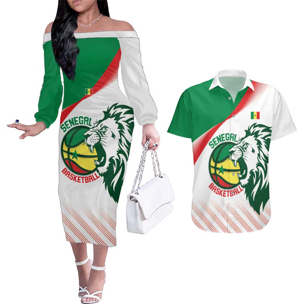 Senegal Basketball Custom Couples Matching Off The Shoulder Long Sleeve Dress and Hawaiian Shirt Come On Lions - Wonder Print Shop