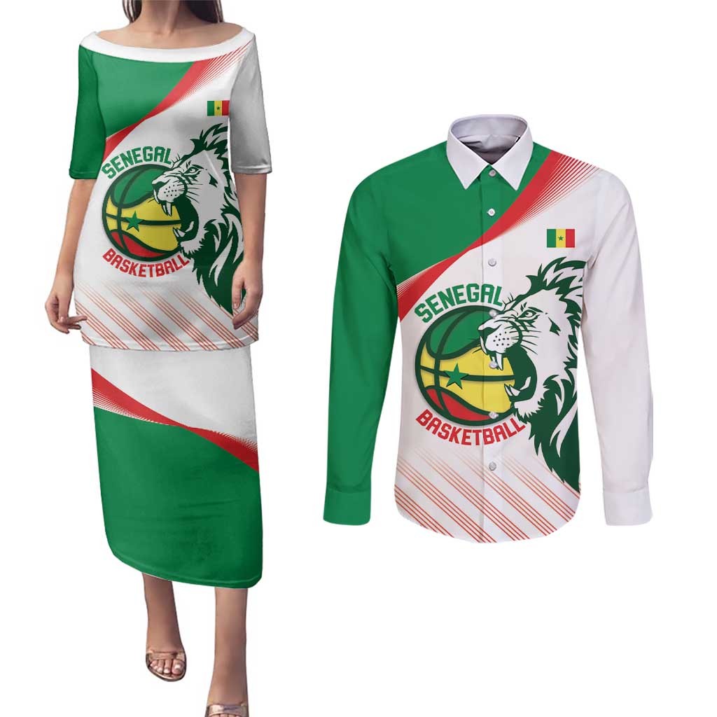 Senegal Basketball Custom Couples Matching Puletasi and Long Sleeve Button Shirt Come On Lions - Wonder Print Shop