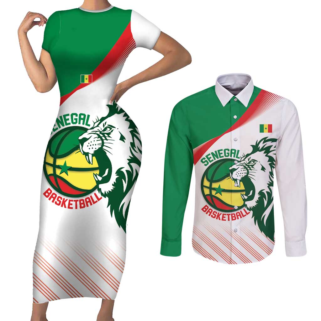 Senegal Basketball Custom Couples Matching Short Sleeve Bodycon Dress and Long Sleeve Button Shirt Come On Lions - Wonder Print Shop