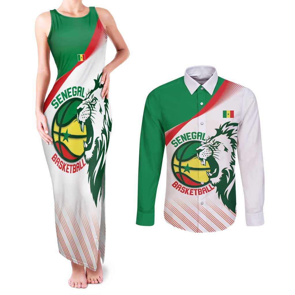 Senegal Basketball Custom Couples Matching Tank Maxi Dress and Long Sleeve Button Shirt Come On Lions - Wonder Print Shop