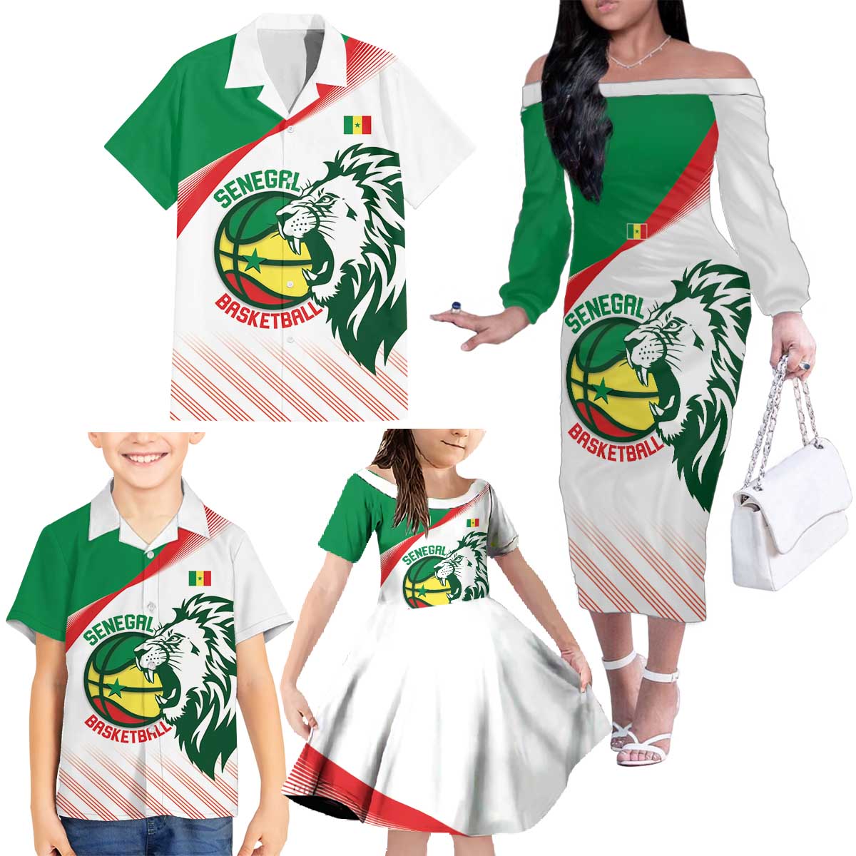 Senegal Basketball Custom Family Matching Off The Shoulder Long Sleeve Dress and Hawaiian Shirt Come On Lions - Wonder Print Shop