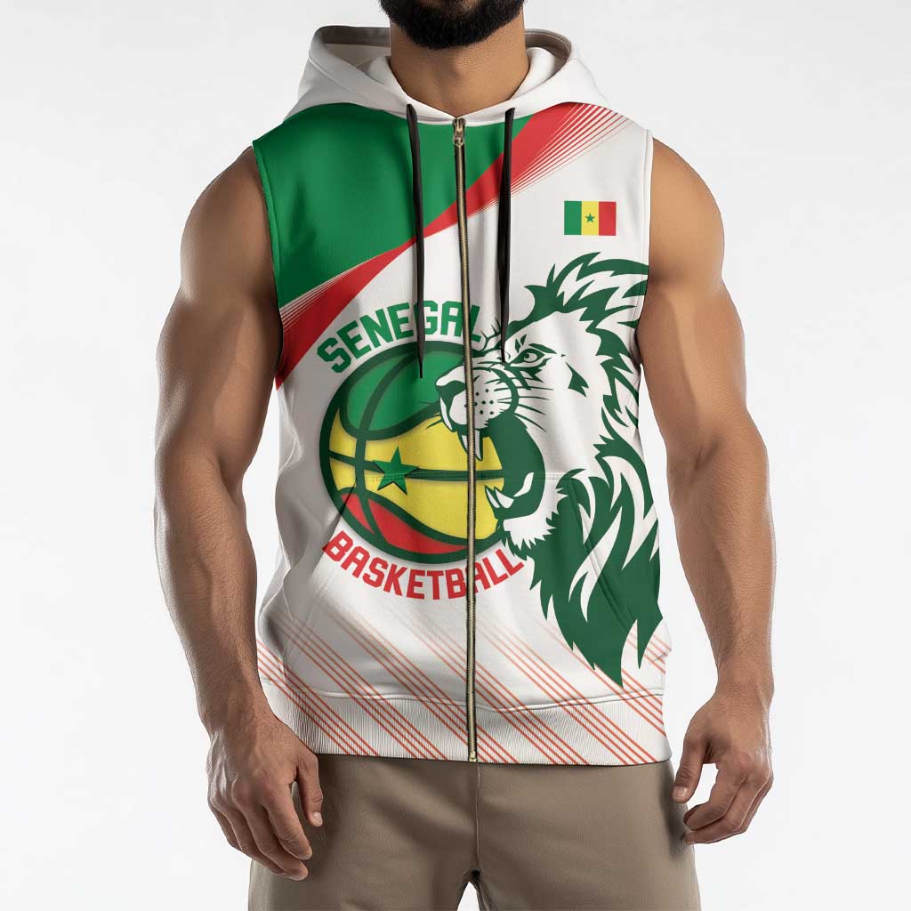 Senegal Basketball Custom Sleeveless Zip Hoodie Come On Lions - Wonder Print Shop