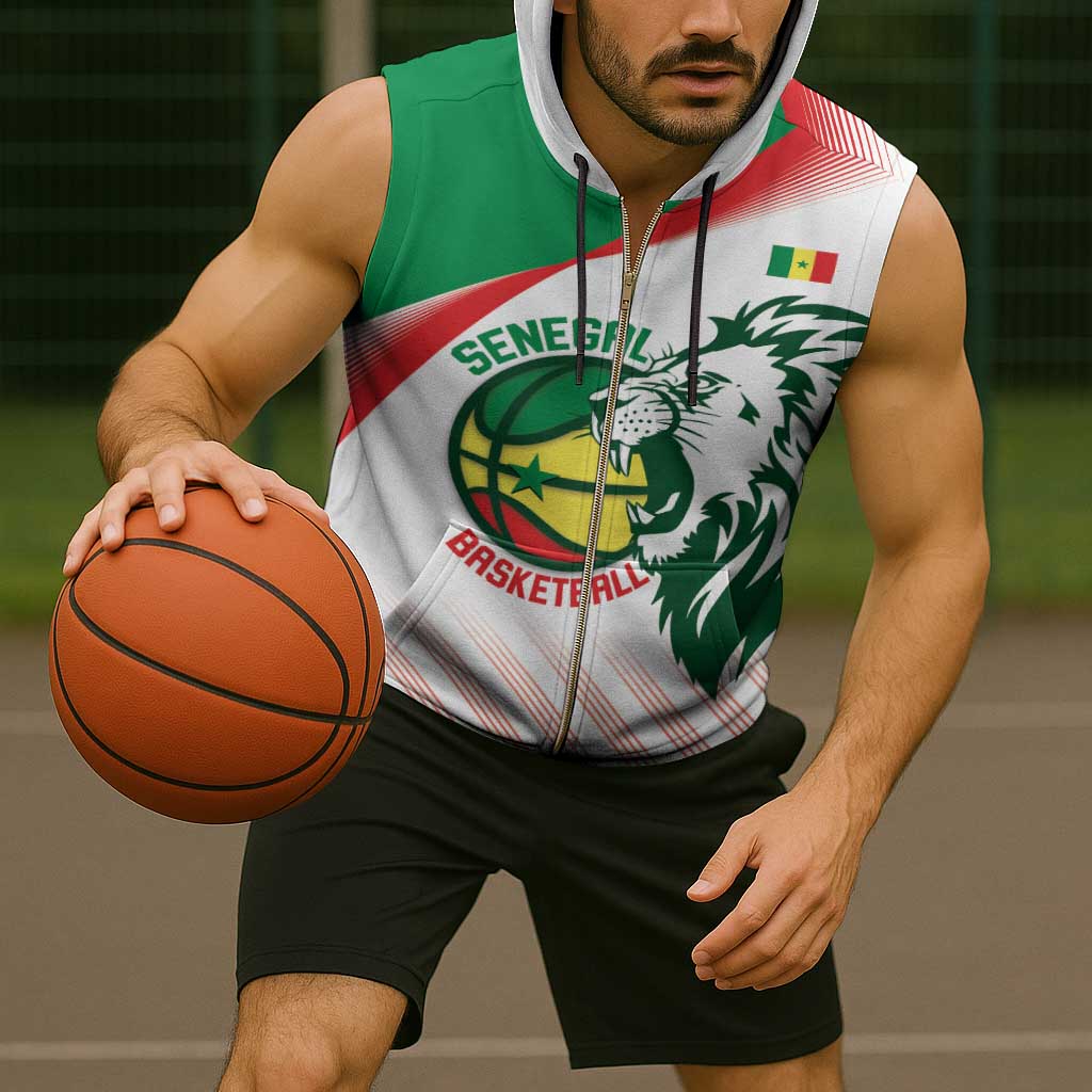 Senegal Basketball Custom Sleeveless Zip Hoodie Come On Lions - Wonder Print Shop