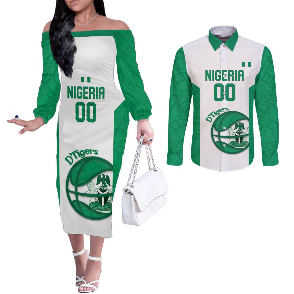 Nigeria Basketball Custom Couples Matching Off The Shoulder Long Sleeve Dress and Long Sleeve Button Shirt Come On Tigers - Wonder Print Shop