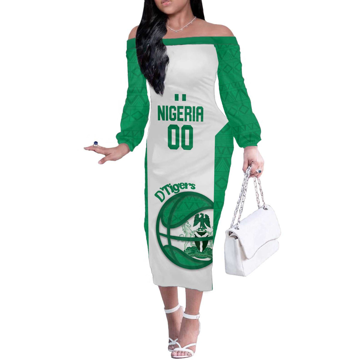 Nigeria Basketball Custom Off The Shoulder Long Sleeve Dress Come On Tigers - Wonder Print Shop