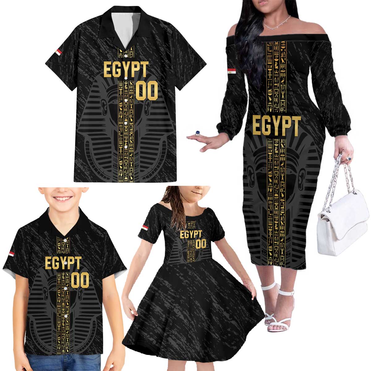Egypt Basketball Custom Family Matching Off The Shoulder Long Sleeve Dress and Hawaiian Shirt Come On Pharaohs - Wonder Print Shop