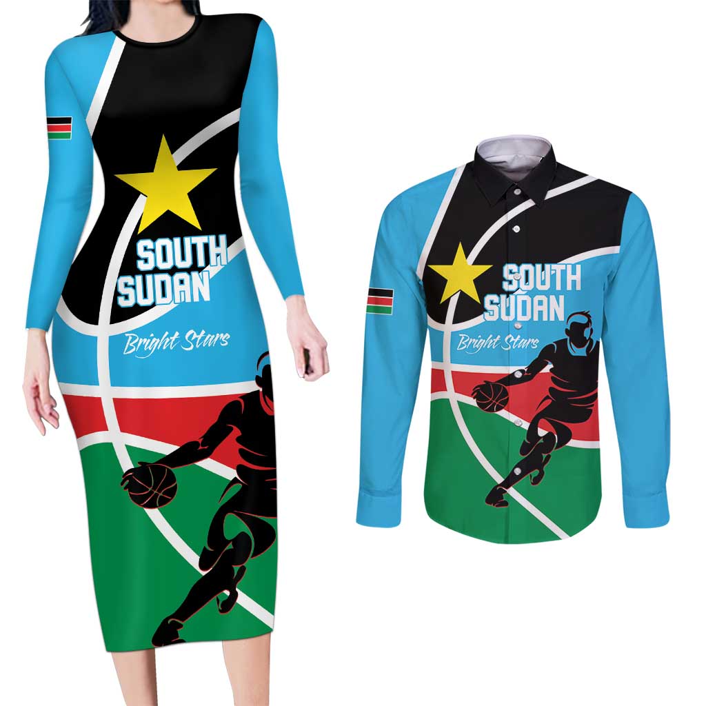 South Sudan Basketball Custom Couples Matching Long Sleeve Bodycon Dress and Long Sleeve Button Shirt Come On Bright Stars - Wonder Print Shop