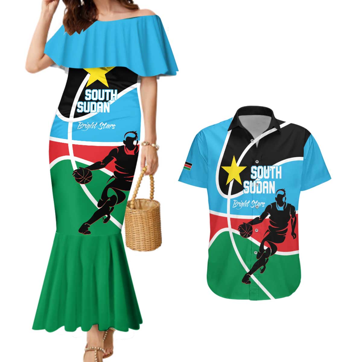South Sudan Basketball Custom Couples Matching Mermaid Dress and Hawaiian Shirt Come On Bright Stars - Wonder Print Shop