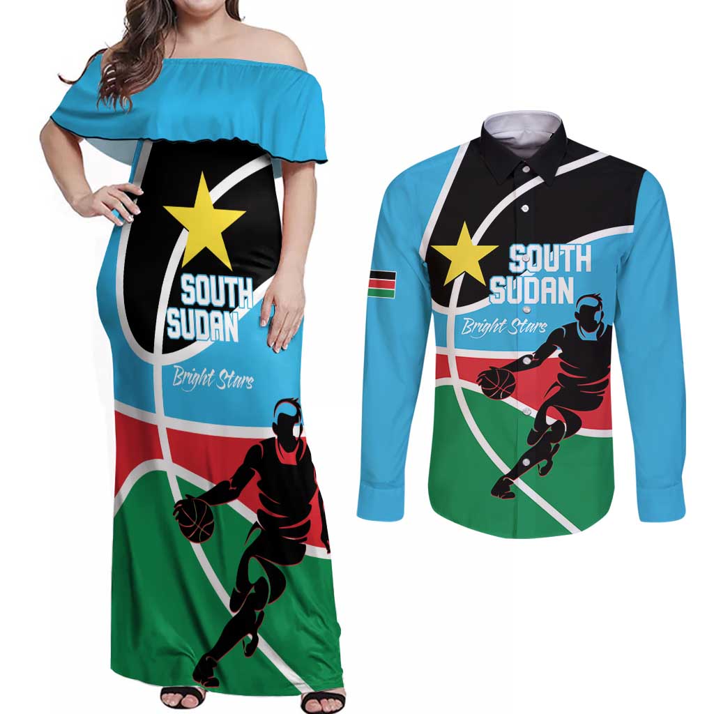 South Sudan Basketball Custom Couples Matching Off Shoulder Maxi Dress and Long Sleeve Button Shirt Come On Bright Stars - Wonder Print Shop