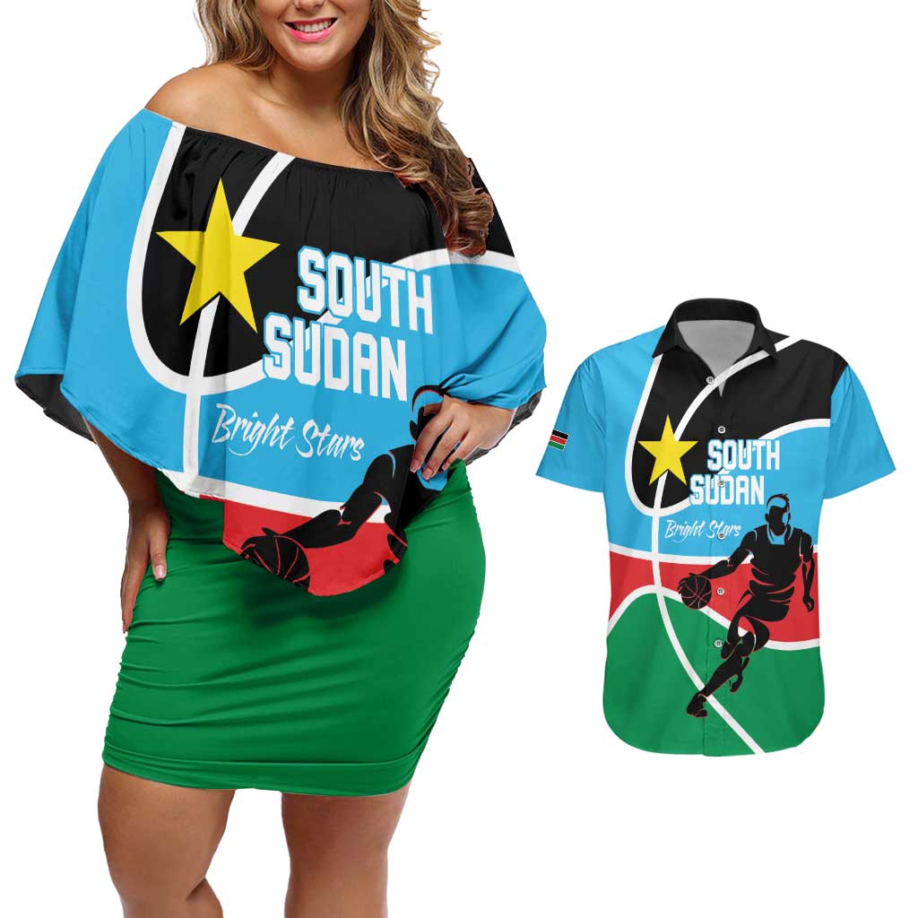 South Sudan Basketball Custom Couples Matching Off Shoulder Short Dress and Hawaiian Shirt Come On Bright Stars - Wonder Print Shop