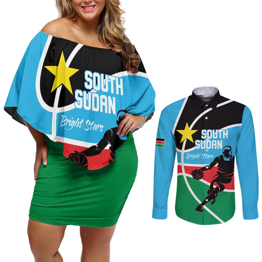South Sudan Basketball Custom Couples Matching Off Shoulder Short Dress and Long Sleeve Button Shirt Come On Bright Stars - Wonder Print Shop