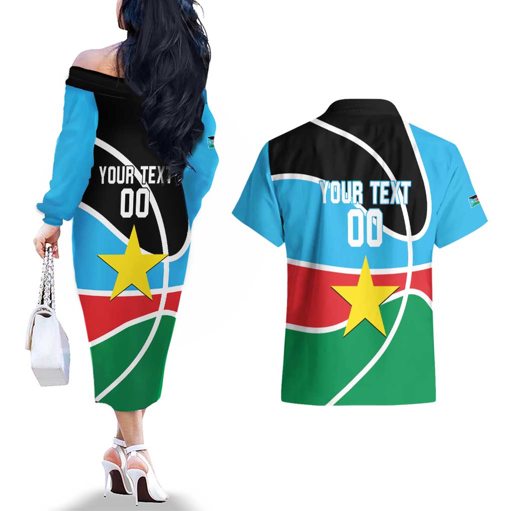 South Sudan Basketball Custom Couples Matching Off The Shoulder Long Sleeve Dress and Hawaiian Shirt Come On Bright Stars - Wonder Print Shop