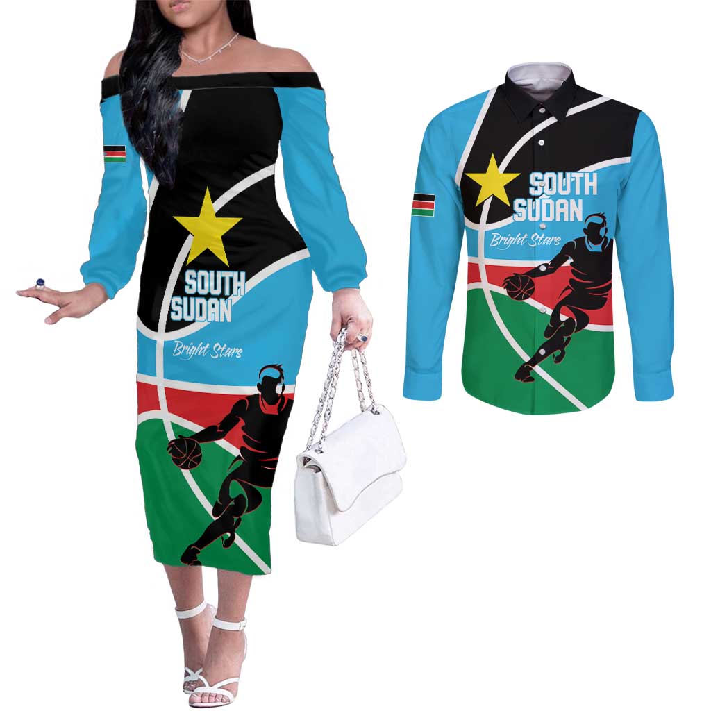 South Sudan Basketball Custom Couples Matching Off The Shoulder Long Sleeve Dress and Long Sleeve Button Shirt Come On Bright Stars - Wonder Print Shop