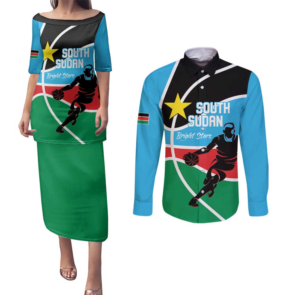 South Sudan Basketball Custom Couples Matching Puletasi and Long Sleeve Button Shirt Come On Bright Stars - Wonder Print Shop