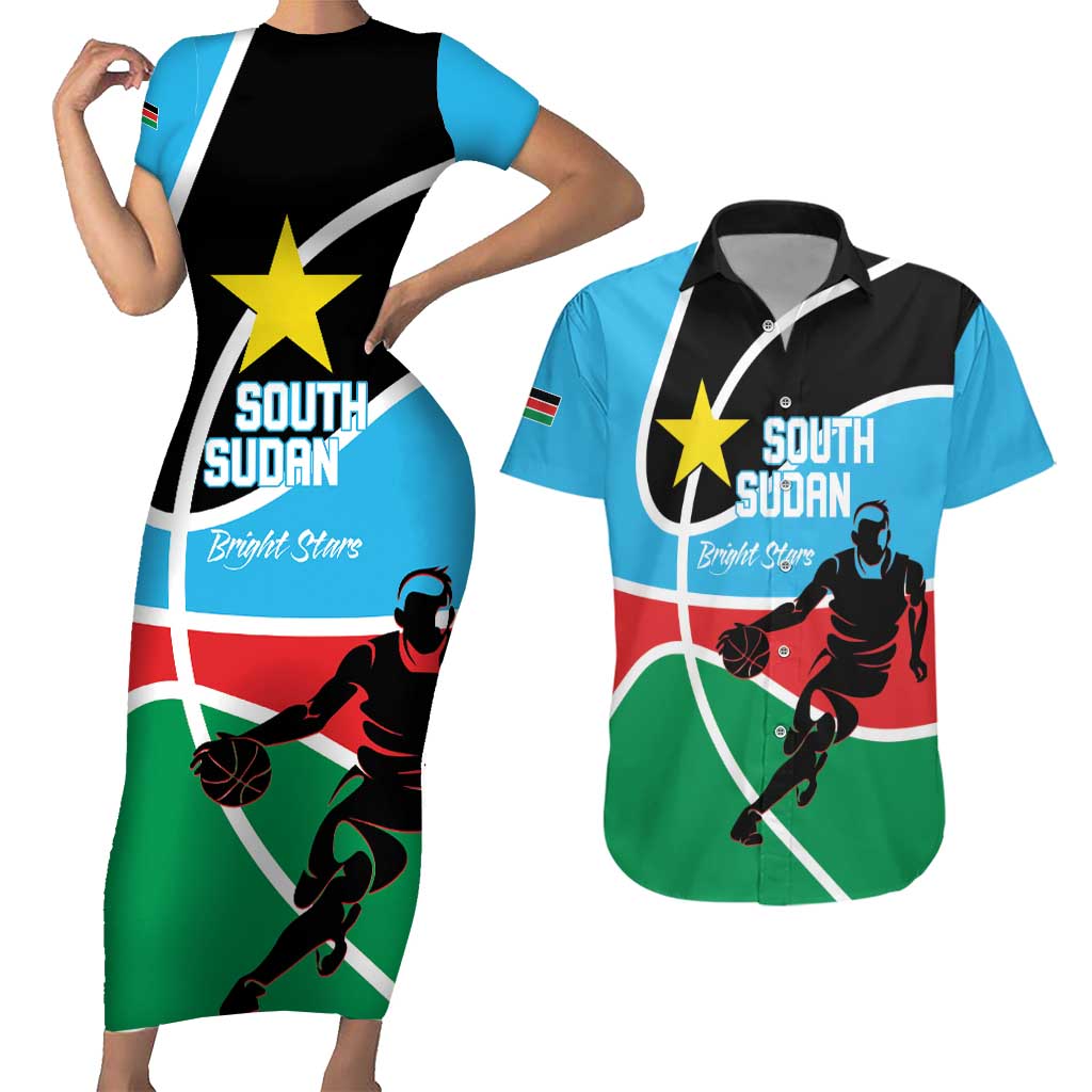 South Sudan Basketball Custom Couples Matching Short Sleeve Bodycon Dress and Hawaiian Shirt Come On Bright Stars - Wonder Print Shop