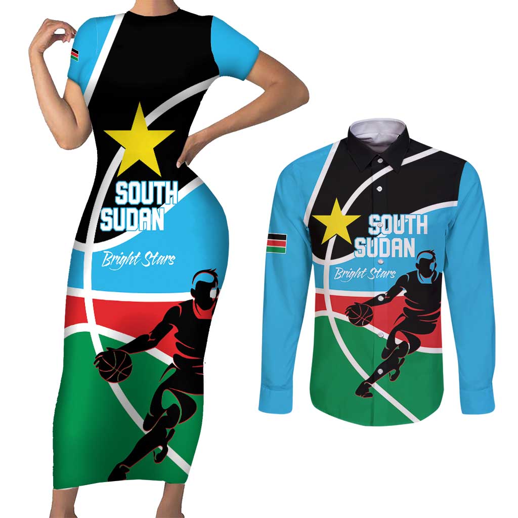 South Sudan Basketball Custom Couples Matching Short Sleeve Bodycon Dress and Long Sleeve Button Shirt Come On Bright Stars - Wonder Print Shop