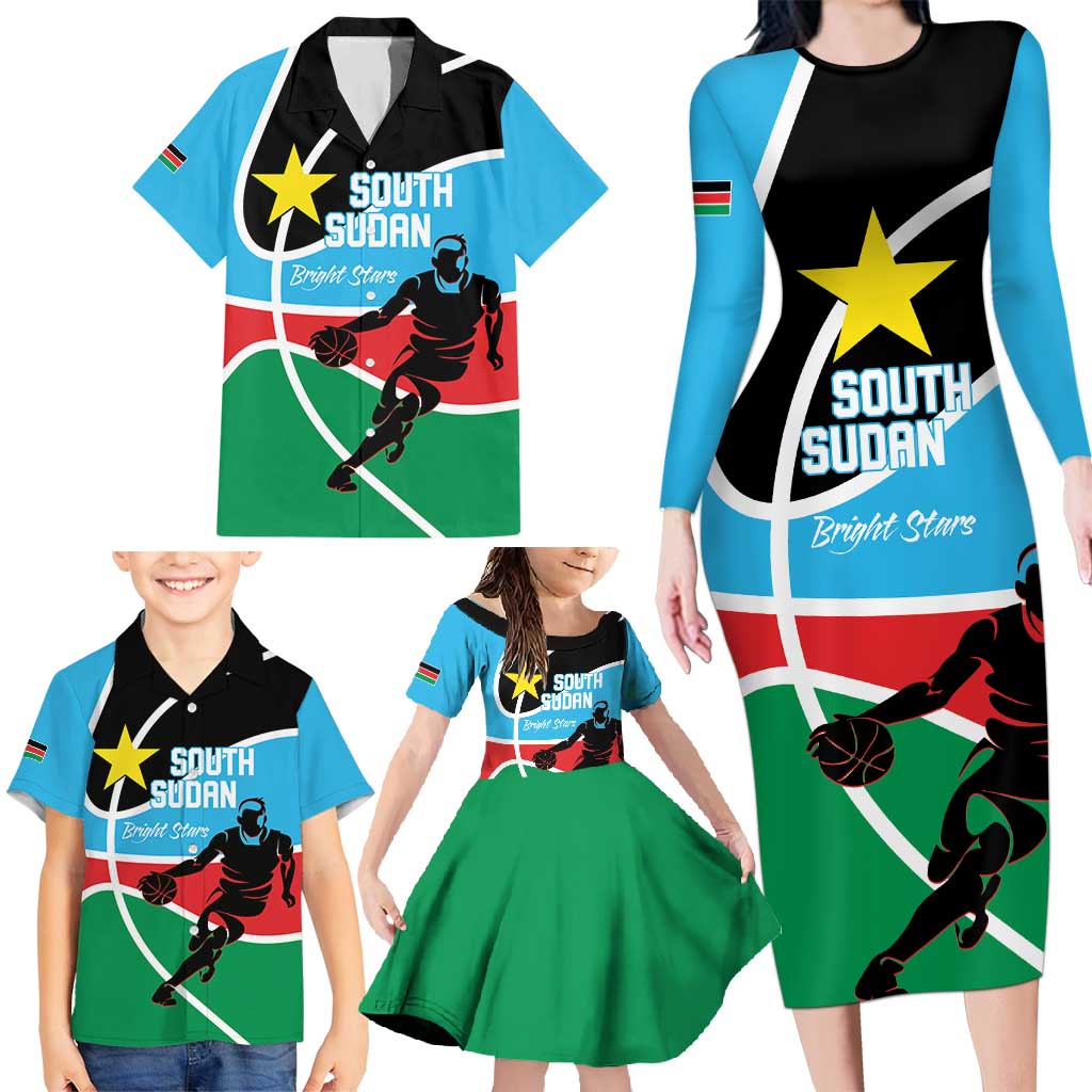 South Sudan Basketball Custom Family Matching Long Sleeve Bodycon Dress and Hawaiian Shirt Come On Bright Stars - Wonder Print Shop