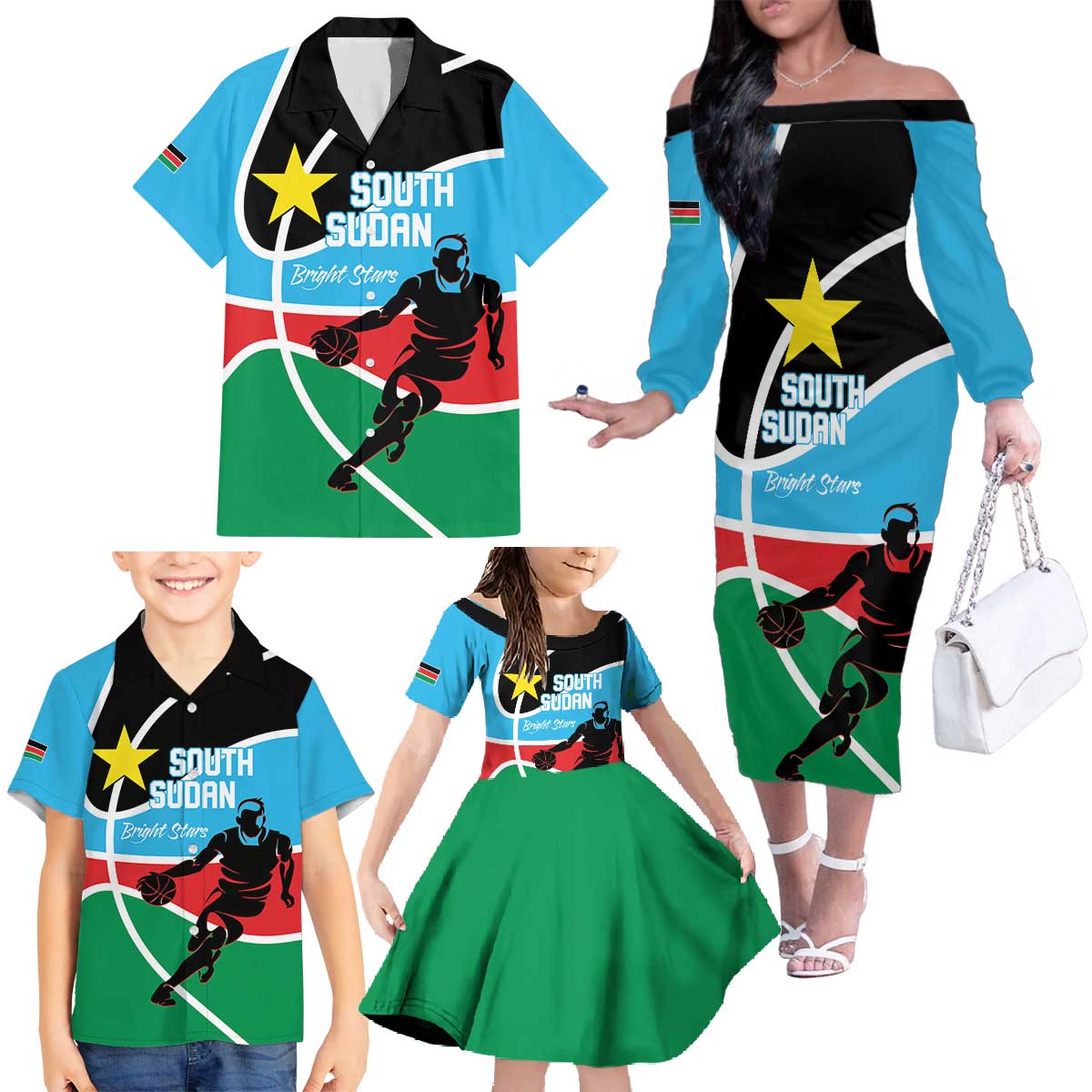 South Sudan Basketball Custom Family Matching Off The Shoulder Long Sleeve Dress and Hawaiian Shirt Come On Bright Stars - Wonder Print Shop
