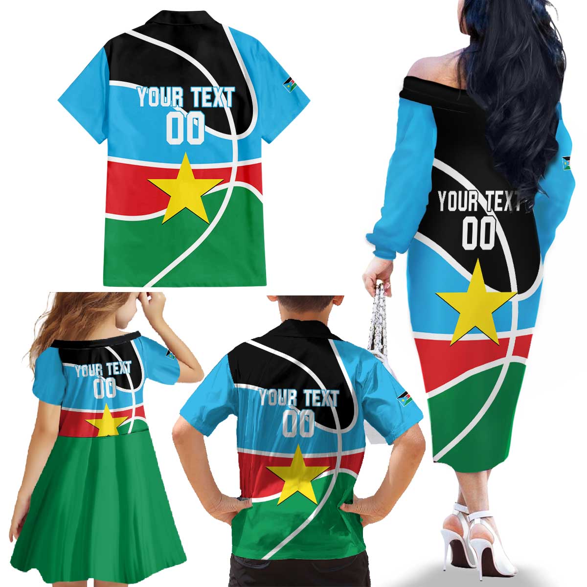 South Sudan Basketball Custom Family Matching Off The Shoulder Long Sleeve Dress and Hawaiian Shirt Come On Bright Stars - Wonder Print Shop