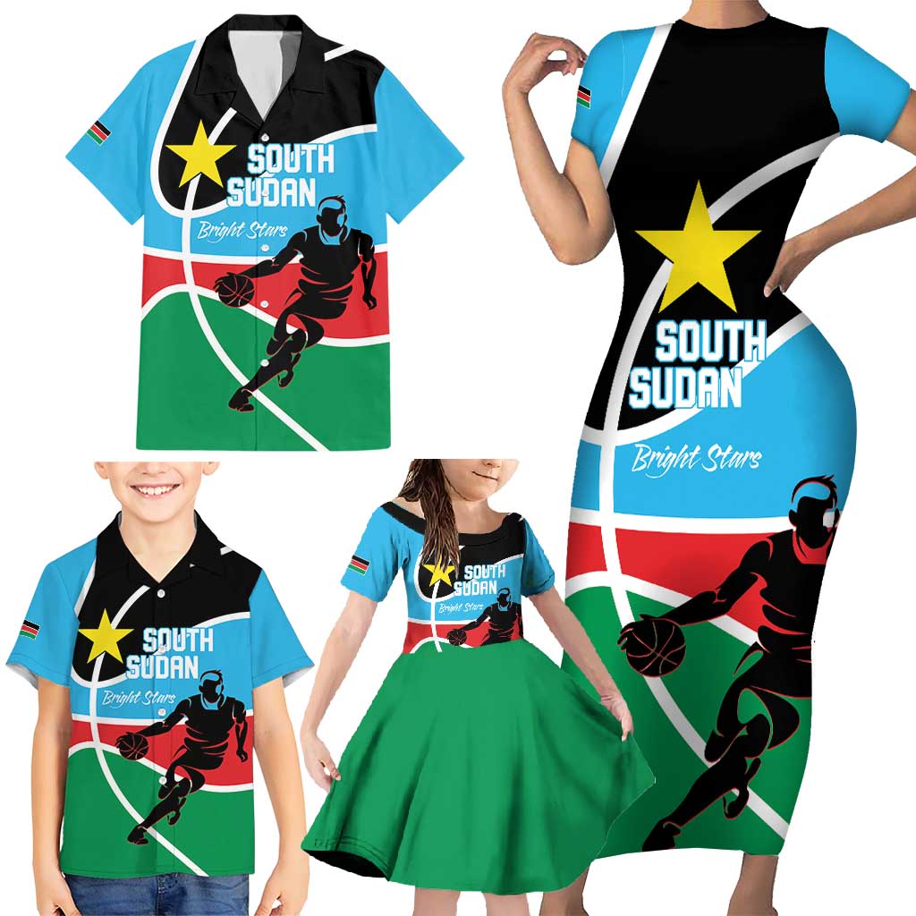 South Sudan Basketball Custom Family Matching Short Sleeve Bodycon Dress and Hawaiian Shirt Come On Bright Stars - Wonder Print Shop