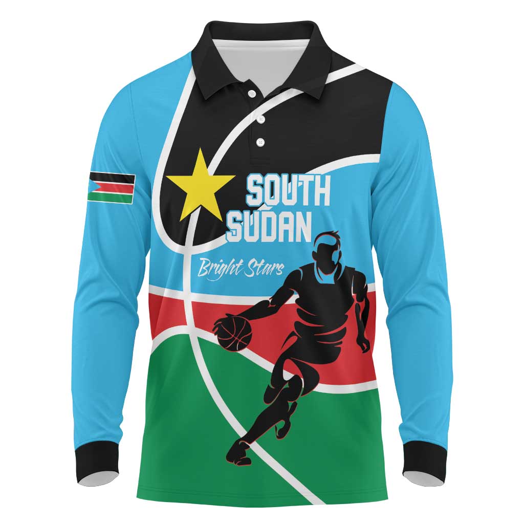 South Sudan Basketball Custom Long Sleeve Polo Shirt Come On Bright Stars - Wonder Print Shop