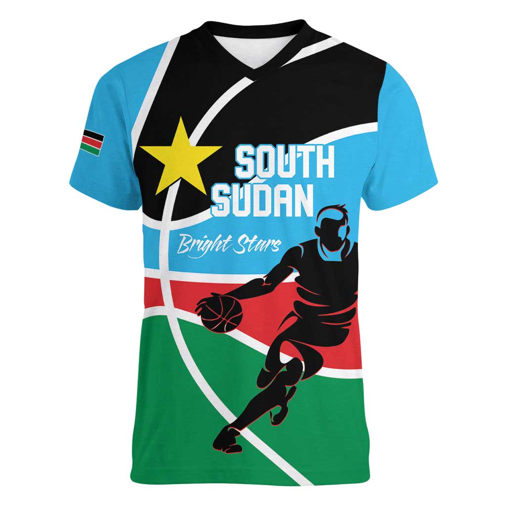 South Sudan Basketball Custom Women V-Neck T-Shirt Come On Bright Stars - Wonder Print Shop
