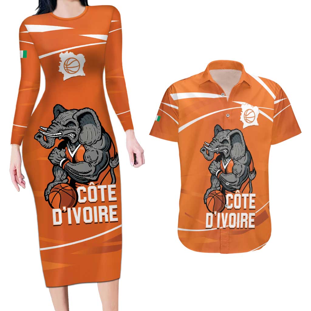 Ivory Coast Basketball Custom Couples Matching Long Sleeve Bodycon Dress and Hawaiian Shirt Allez Les Elephants - Wonder Print Shop