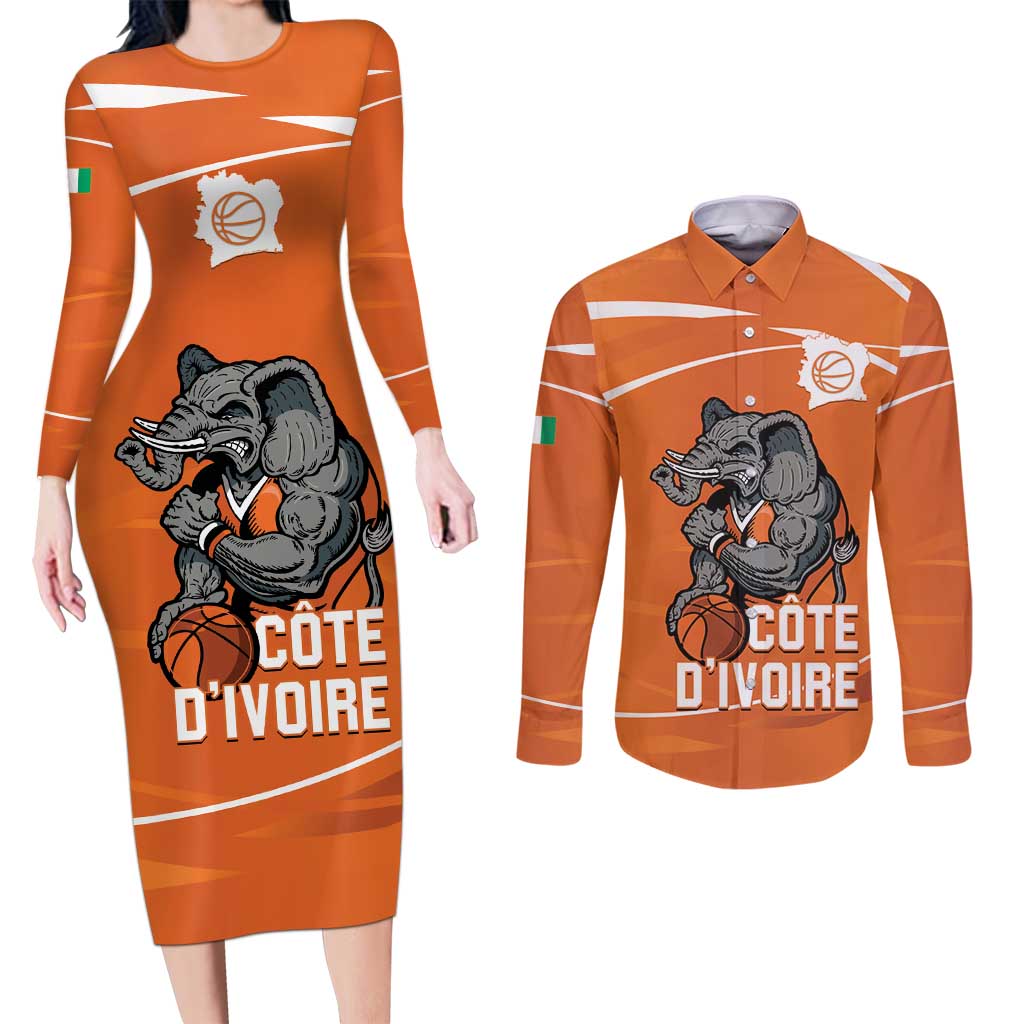 Ivory Coast Basketball Custom Couples Matching Long Sleeve Bodycon Dress and Long Sleeve Button Shirt Allez Les Elephants - Wonder Print Shop