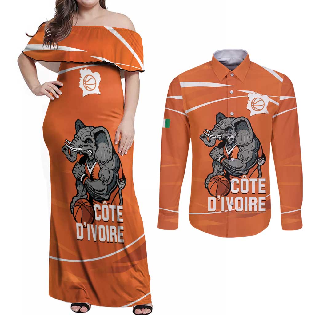 Ivory Coast Basketball Custom Couples Matching Off Shoulder Maxi Dress and Long Sleeve Button Shirt Allez Les Elephants - Wonder Print Shop