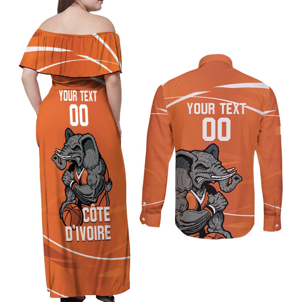 Ivory Coast Basketball Custom Couples Matching Off Shoulder Maxi Dress and Long Sleeve Button Shirt Allez Les Elephants - Wonder Print Shop