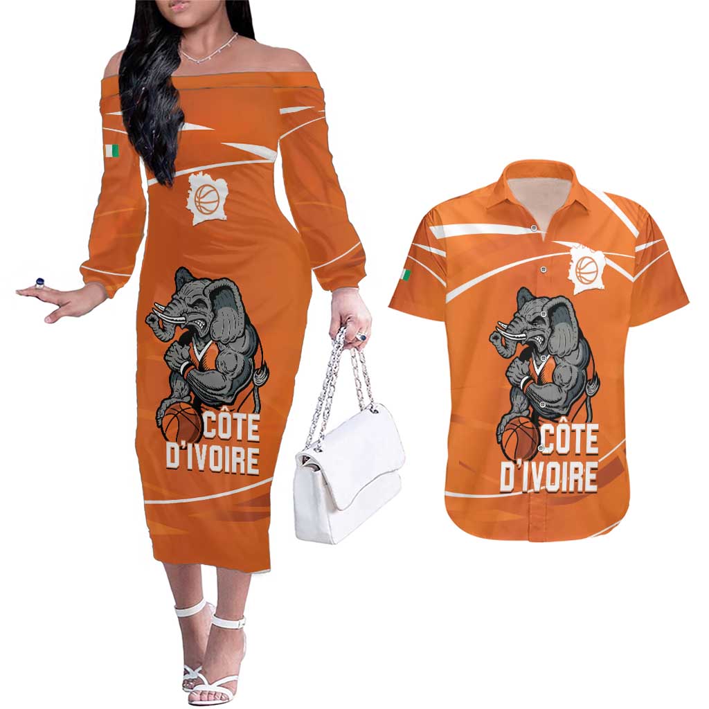 Ivory Coast Basketball Custom Couples Matching Off The Shoulder Long Sleeve Dress and Hawaiian Shirt Allez Les Elephants - Wonder Print Shop