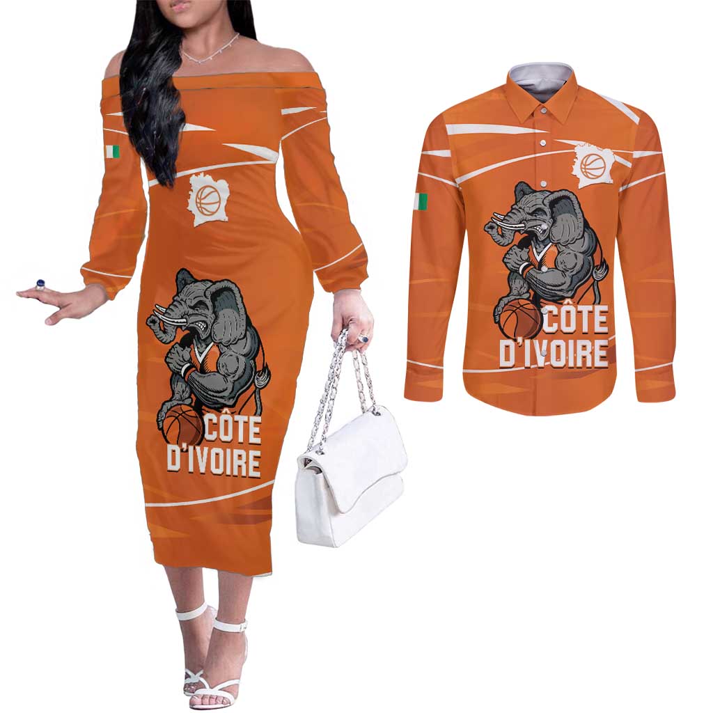 Ivory Coast Basketball Custom Couples Matching Off The Shoulder Long Sleeve Dress and Long Sleeve Button Shirt Allez Les Elephants - Wonder Print Shop
