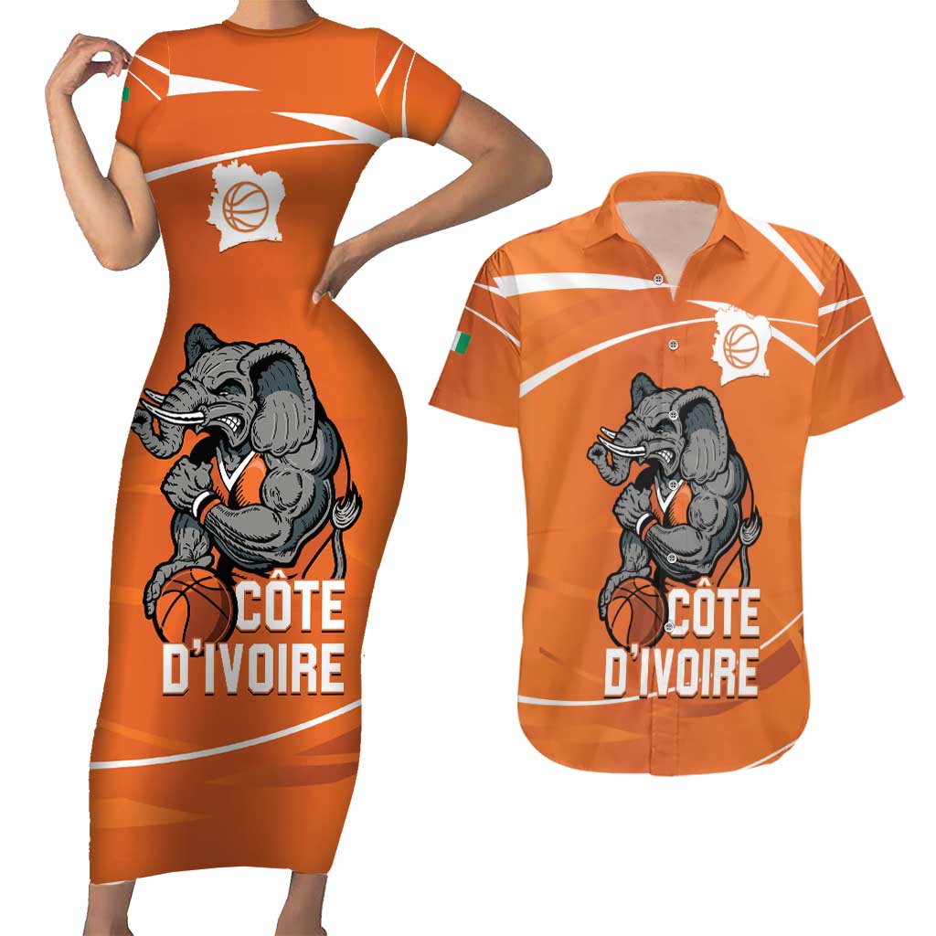 Ivory Coast Basketball Custom Couples Matching Short Sleeve Bodycon Dress and Hawaiian Shirt Allez Les Elephants - Wonder Print Shop