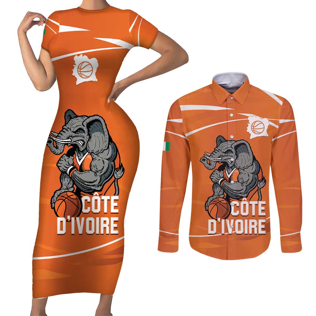 Ivory Coast Basketball Custom Couples Matching Short Sleeve Bodycon Dress and Long Sleeve Button Shirt Allez Les Elephants - Wonder Print Shop