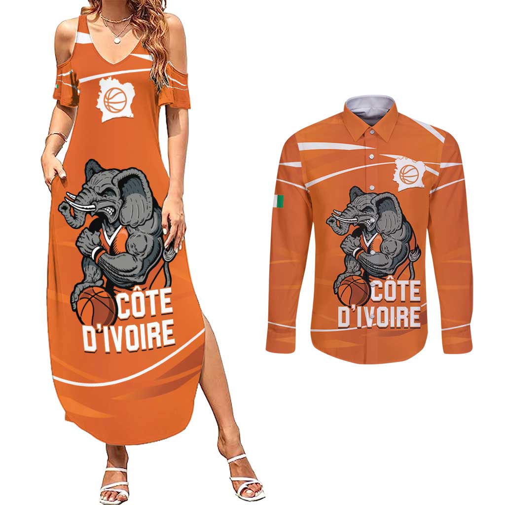 Ivory Coast Basketball Custom Couples Matching Summer Maxi Dress and Long Sleeve Button Shirt Allez Les Elephants - Wonder Print Shop