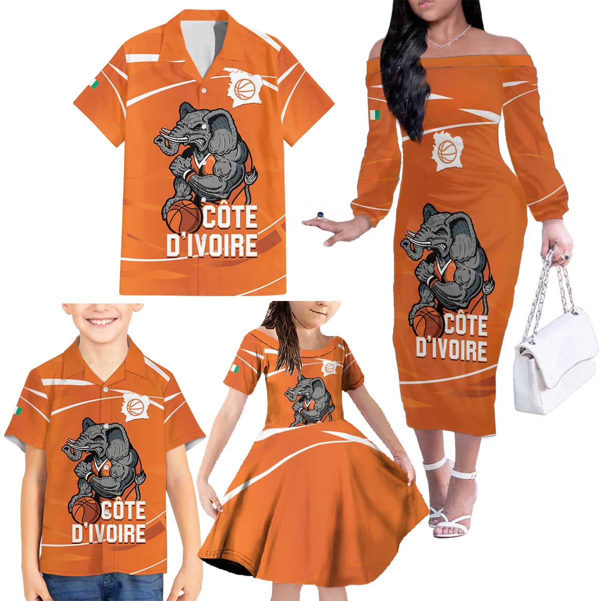 Ivory Coast Basketball Custom Family Matching Off The Shoulder Long Sleeve Dress and Hawaiian Shirt Allez Les Elephants - Wonder Print Shop