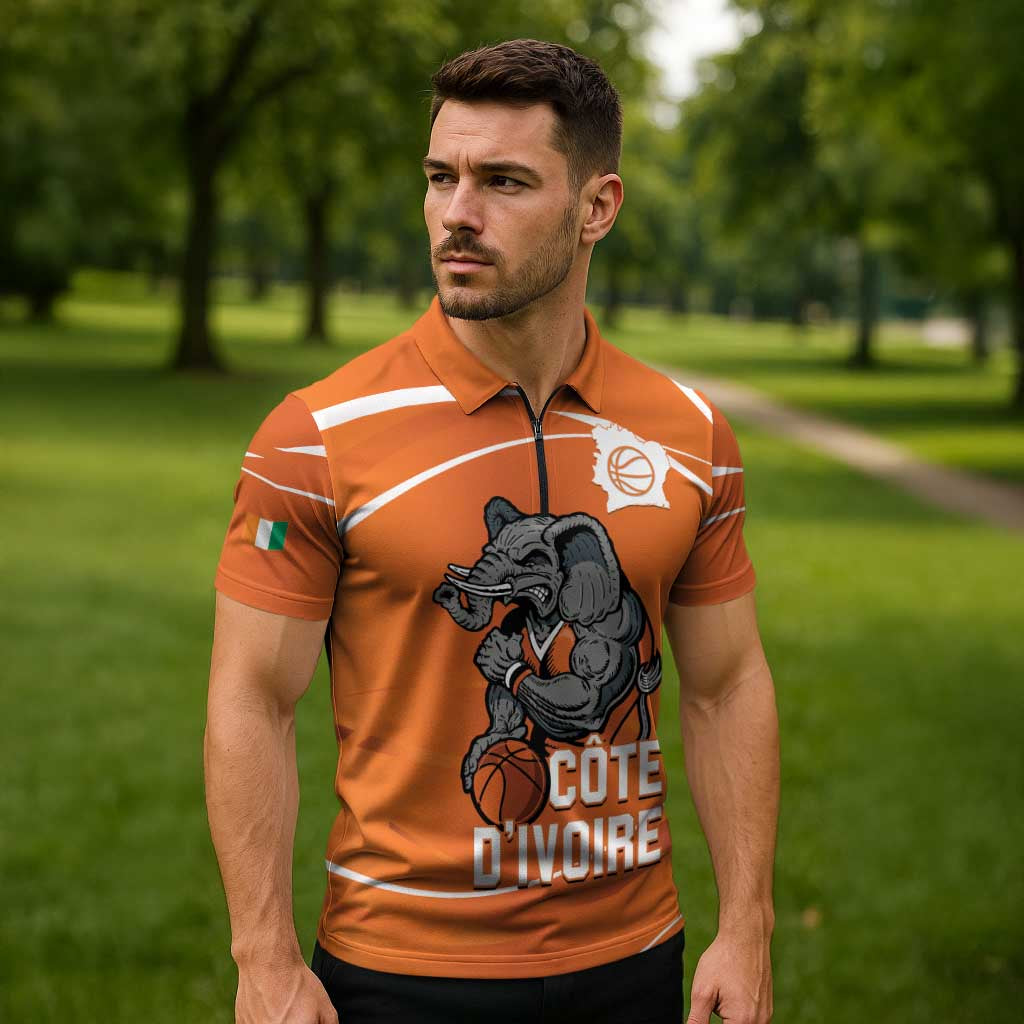 Ivory Coast Basketball Custom Zipper Polo Shirt Allez Les Elephants - Wonder Print Shop