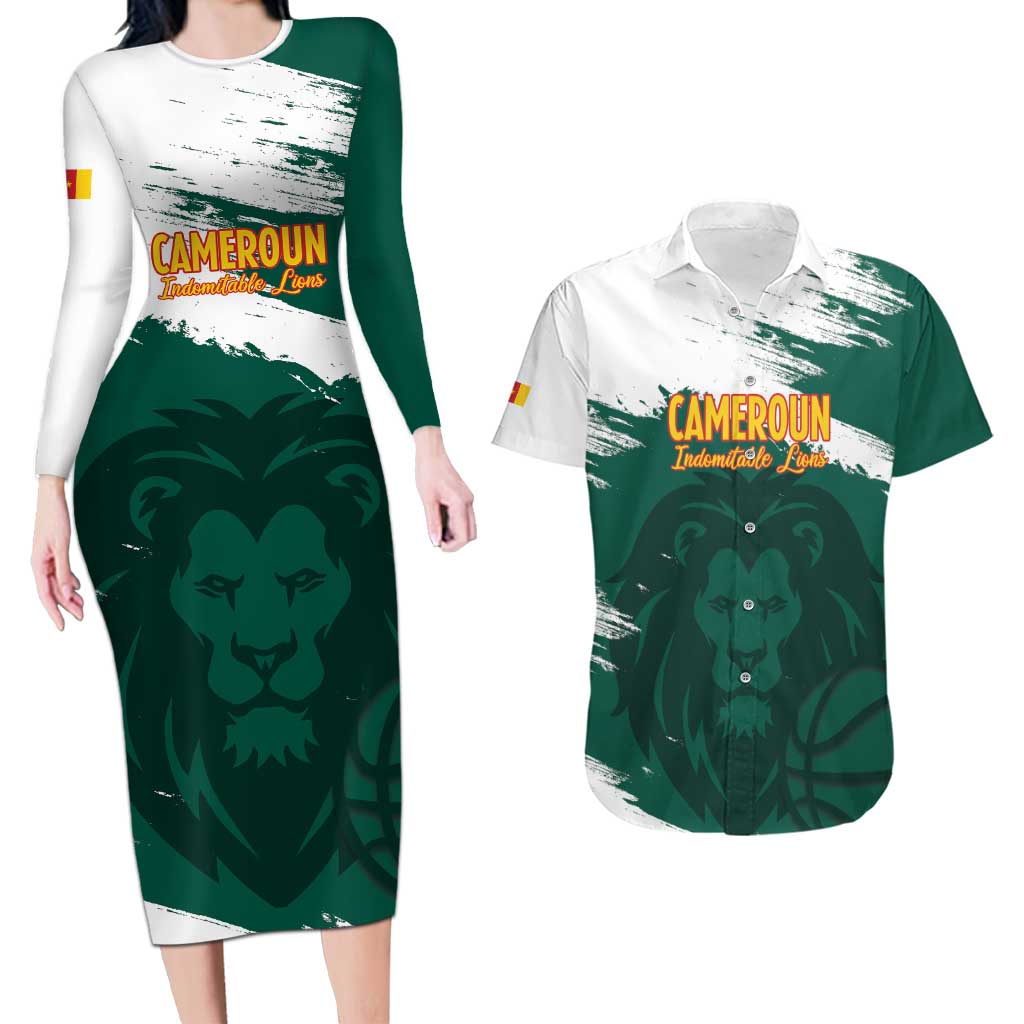 Cameroon Basketball Custom Couples Matching Long Sleeve Bodycon Dress and Hawaiian Shirt Come On Indomitable Lions - Wonder Print Shop