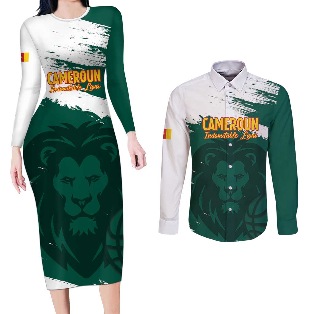 Cameroon Basketball Custom Couples Matching Long Sleeve Bodycon Dress and Long Sleeve Button Shirt Come On Indomitable Lions - Wonder Print Shop