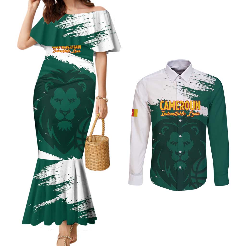 Cameroon Basketball Custom Couples Matching Mermaid Dress and Long Sleeve Button Shirt Come On Indomitable Lions - Wonder Print Shop