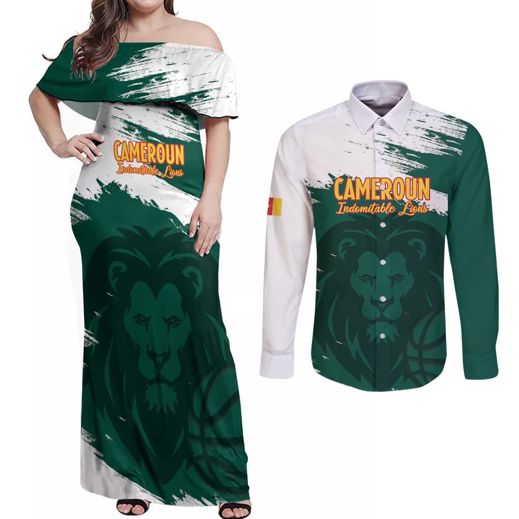 Cameroon Basketball Custom Couples Matching Off Shoulder Maxi Dress and Long Sleeve Button Shirt Come On Indomitable Lions - Wonder Print Shop