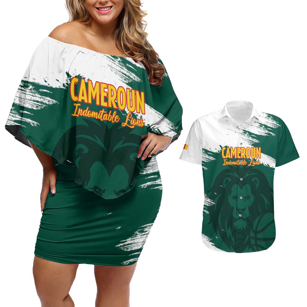 Cameroon Basketball Custom Couples Matching Off Shoulder Short Dress and Hawaiian Shirt Come On Indomitable Lions - Wonder Print Shop