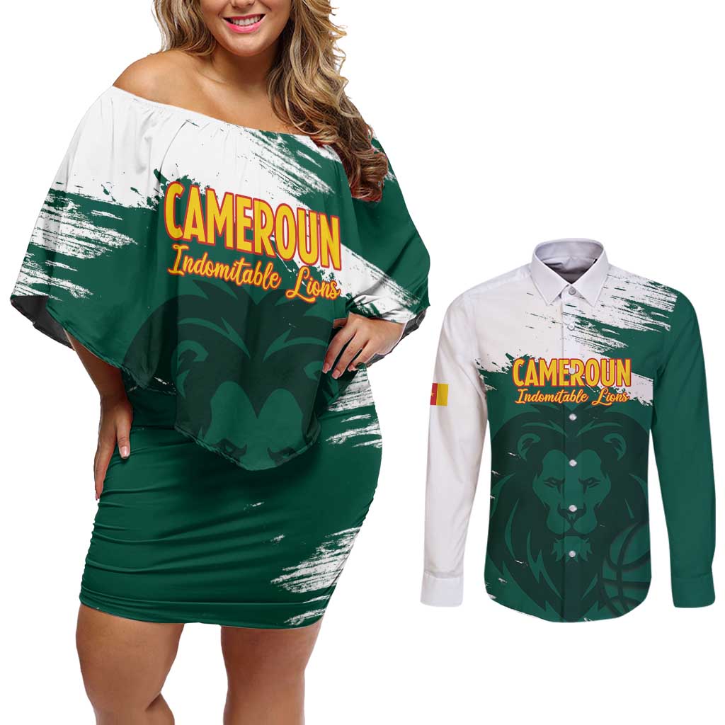 Cameroon Basketball Custom Couples Matching Off Shoulder Short Dress and Long Sleeve Button Shirt Come On Indomitable Lions - Wonder Print Shop