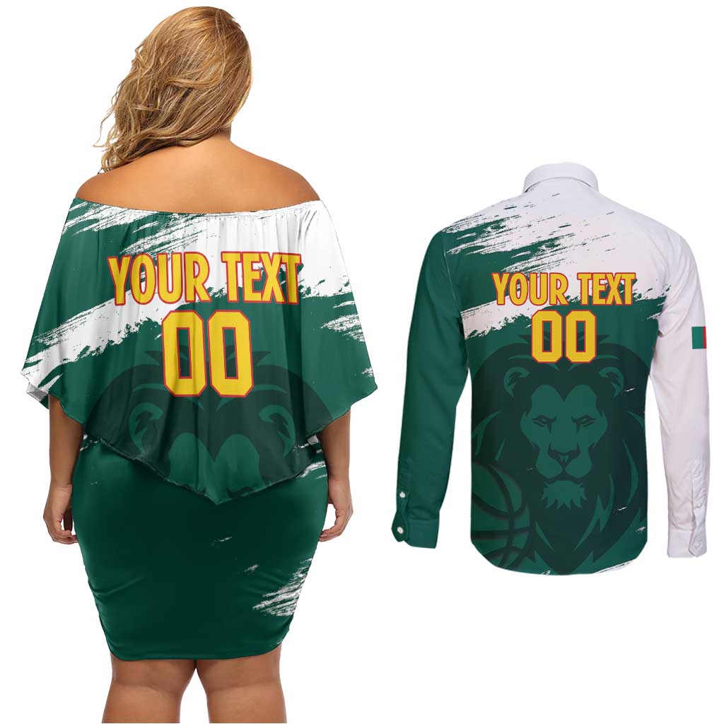 Cameroon Basketball Custom Couples Matching Off Shoulder Short Dress and Long Sleeve Button Shirt Come On Indomitable Lions - Wonder Print Shop