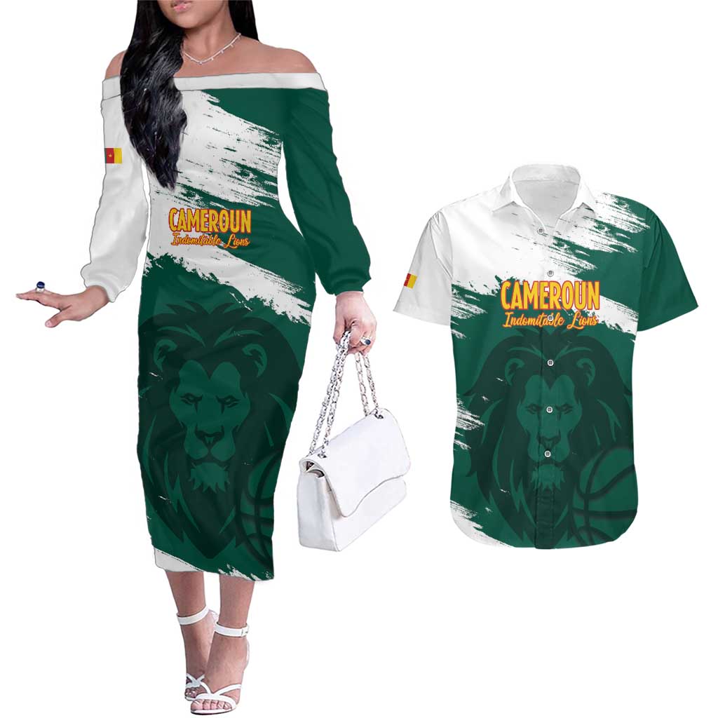 Cameroon Basketball Custom Couples Matching Off The Shoulder Long Sleeve Dress and Hawaiian Shirt Come On Indomitable Lions - Wonder Print Shop